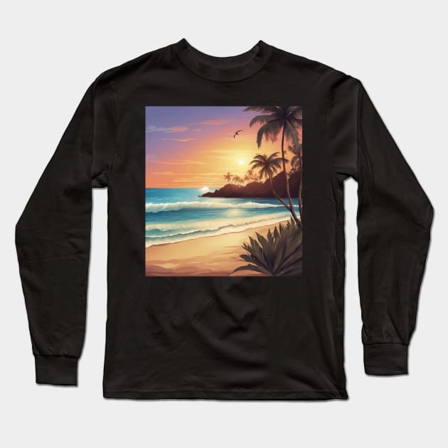 Sunkissed Serenity: Sunset on the Tropical Shore Long Sleeve T-Shirt by Thompson Prints